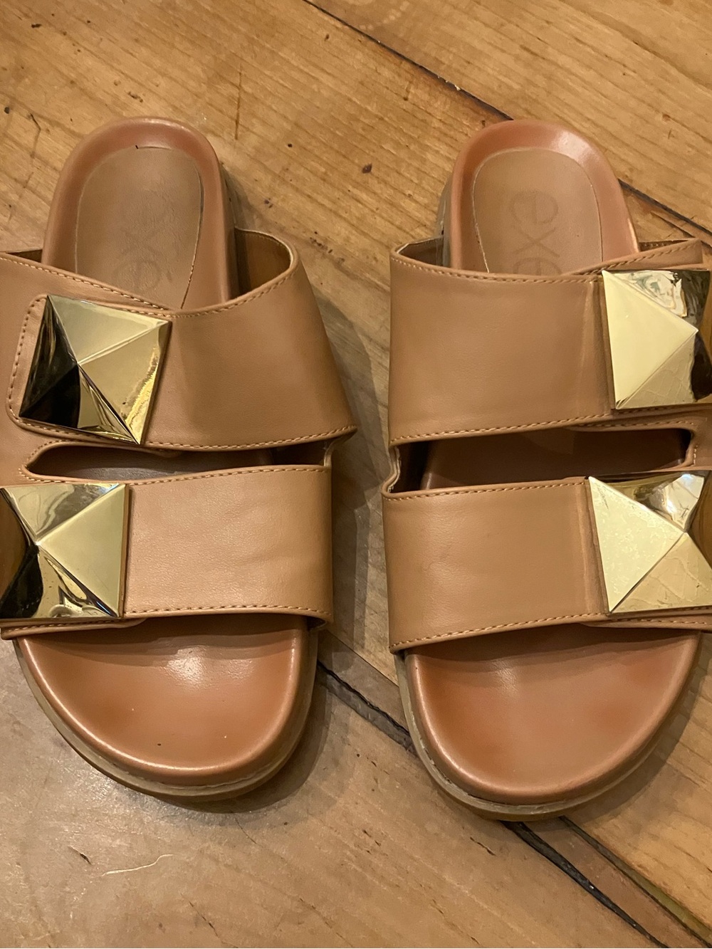 Tan Slide Sandals with Gold Pyramid Accents